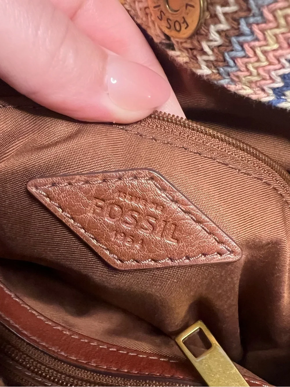 Fossil Multicolor Chevron Tote with Brown Leather Handles